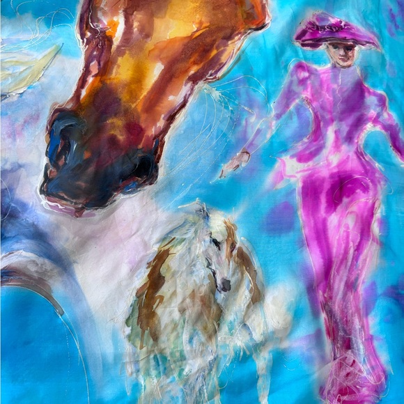 Silk Scarf Hand Made Art To Wear Signed 35 By 69 Inches Horses Dog Victorian - Picture 12 of 14